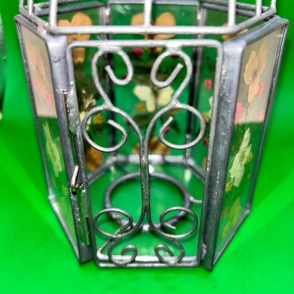 Vintage Glass Pressed Flowers Bird Cage Votive Candle Holder - Picture 3 of 7